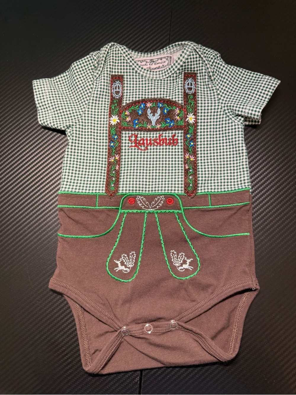 Anouk et Emile German Oktoberfest Lederhosen Baby Onesie NB 0-3M Embroidered